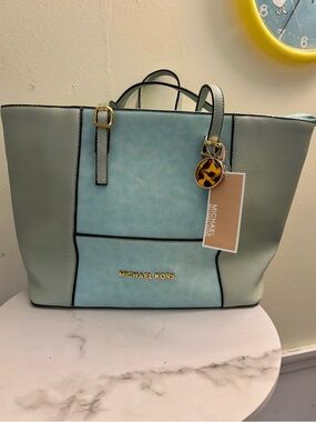 Michael Kors Mint and Light Blue Leather Tote with Gold Hardware 16 by 10 inches